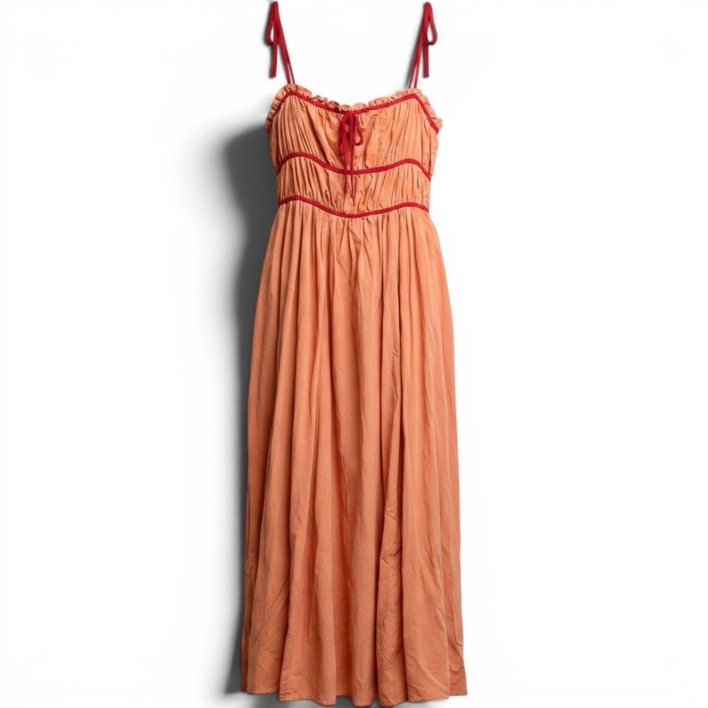 NWT In Loom Women Coral Boho Maxi Dress Red Velvet Trim Tie Straps Medium